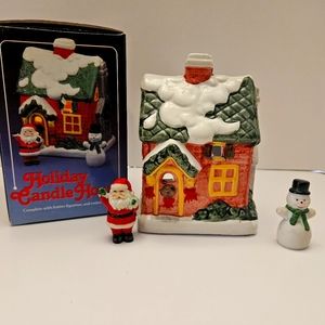 HOLIDAY CANDLE HOUSE W MINI SANTA  AND FROSTY CERAMICS  IN ORIGINAL BOX VINTAGE